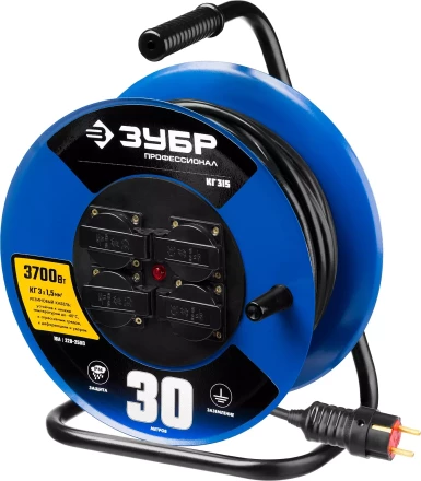 Удлинитель на катушке &quot;КГ 315&quot;, 30 м, 3700 Вт, 4 гнезда, IP44, КГ 3х1,5 кв мм, ЗУБР 55080-30 купить в Ноябрьске