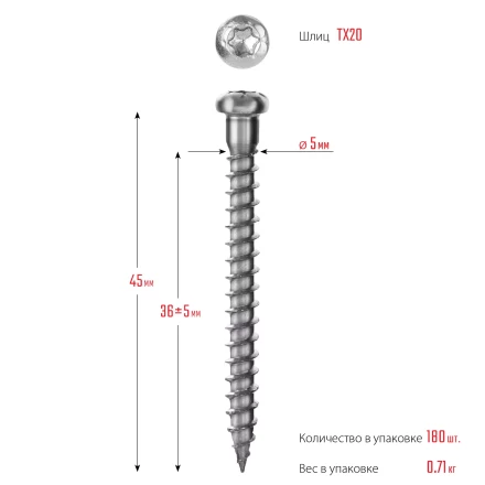 ЗУБР СПК, 45 х 5 мм, TX20, цинк, 180 шт, саморез для перфорированного крепежа, Профессионал (30061-50-45) купить в Ноябрьске