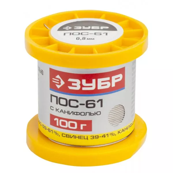 Припой ЗУБР, ПОС 61, трубка с канифолью, 100г, 0,8мм 55450-100-08C купить в Ноябрьске