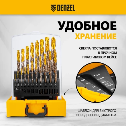Набор сверл по металлу Denzel 723008, 1-10 мм, Р6М5К8-TiN, Golden Tip, 19 шт купить в Ноябрьске