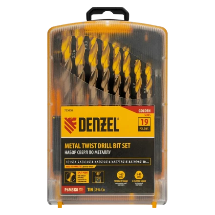 Набор сверл по металлу Denzel 723008, 1-10 мм, Р6М5К8-TiN, Golden Tip, 19 шт купить в Ноябрьске