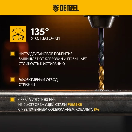 Набор сверл по металлу Denzel 723008, 1-10 мм, Р6М5К8-TiN, Golden Tip, 19 шт купить в Ноябрьске