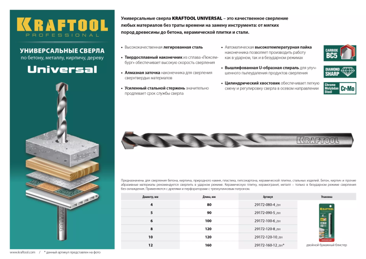 Сверло "UNIVERSAL" по бетону, металлу, дереву, KRAFTOOL PROFESSIONAL 29172-090-5, 5 х 90 мм 29172-090-5_z01 купить в Ноябрьске