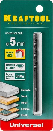 Сверло &quot;UNIVERSAL&quot; по бетону, металлу, дереву, KRAFTOOL PROFESSIONAL 29172-090-5, 5 х 90 мм 29172-090-5_z01 купить в Ноябрьске