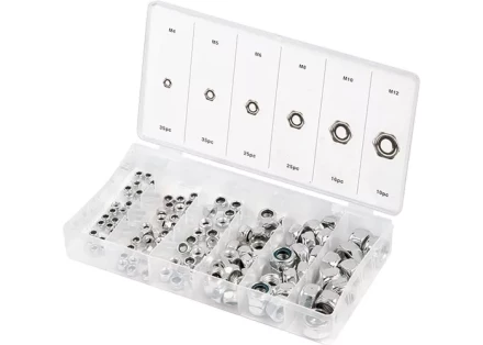 Набор гаек М4 М5 М6 М8 М10 М12 самоконтрящиеся с нейлоновой вставкой 146 предметов СИБРТЕХ 47613 купить в Ноябрьске