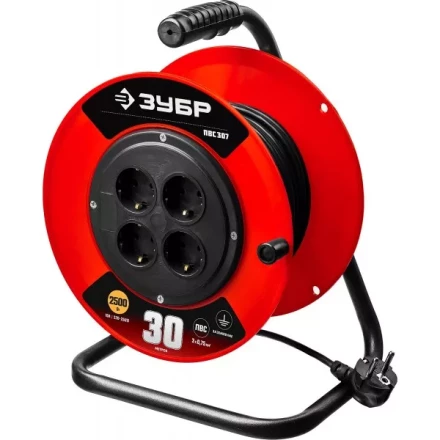 Удлинитель на катушке &quot;ПВС 307&quot;, 30 м, 2500 Вт, 4 гнезда, ПВС 3х0,75 кв мм, ЗУБР 55083-30 купить в Ноябрьске