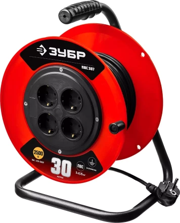 Удлинитель на катушке &quot;ПВС 307&quot;, 30 м, 2500 Вт, 4 гнезда, ПВС 3х0,75 кв мм, ЗУБР 55083-30 купить в Ноябрьске