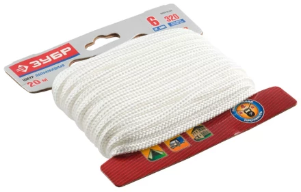 Шнур ЗУБР полиамидный, плетеный, повышенной нагрузки, без сердечника, белый, d 6, 20м 50320-06-020 купить в Ноябрьске