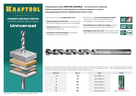 Сверло "UNIVERSAL" по бетону, металлу, дереву, KRAFTOOL PROFESSIONAL 29172-100-6, 6 х 100 мм 29172-100-6_z01 купить в Ноябрьске