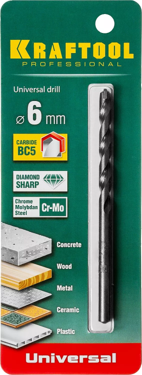 Сверло "UNIVERSAL" по бетону, металлу, дереву, KRAFTOOL PROFESSIONAL 29172-100-6, 6 х 100 мм 29172-100-6_z01 купить в Ноябрьске