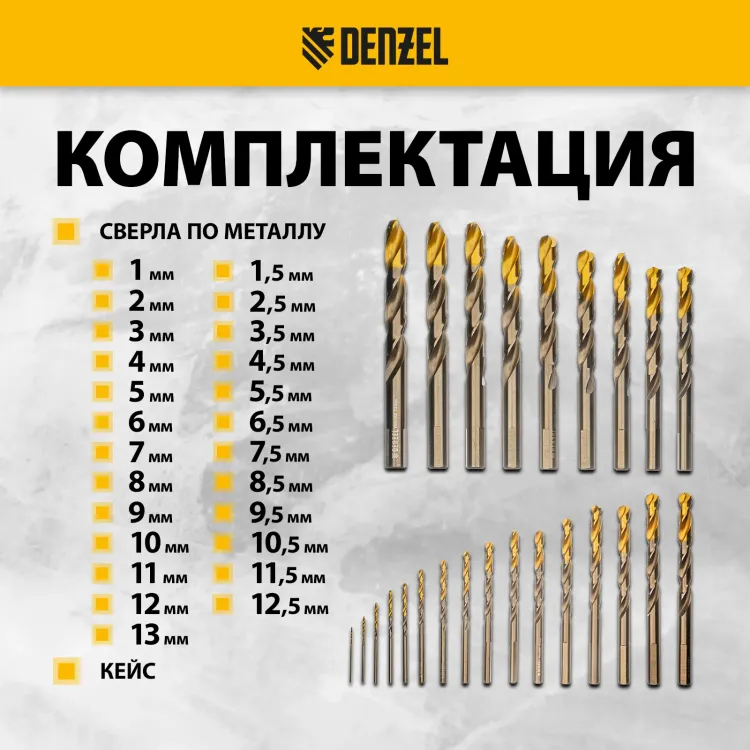 Набор сверл по металлу Denzel 723010, 1-13 мм, Р6М5К8-TiN, Golden Tip, 25 шт купить в Ноябрьске