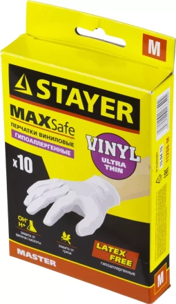 Перчатки STAYER &quot;MASTER&quot; виниловые экстратонкие, M, 10шт 11208-M купить в Ноябрьске