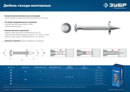 ЗУБР ДГМ, 30 x 3.7 мм, цинк, 1 кг, монтажный дюбель-гвоздь , Профессионал (3063-37-30-1) купить в Ноябрьске