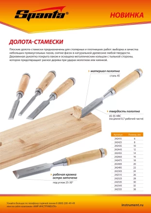 Долото-стамеска 10 мм, деревянная рукоятка Sparta 242435 купить в Ноябрьске