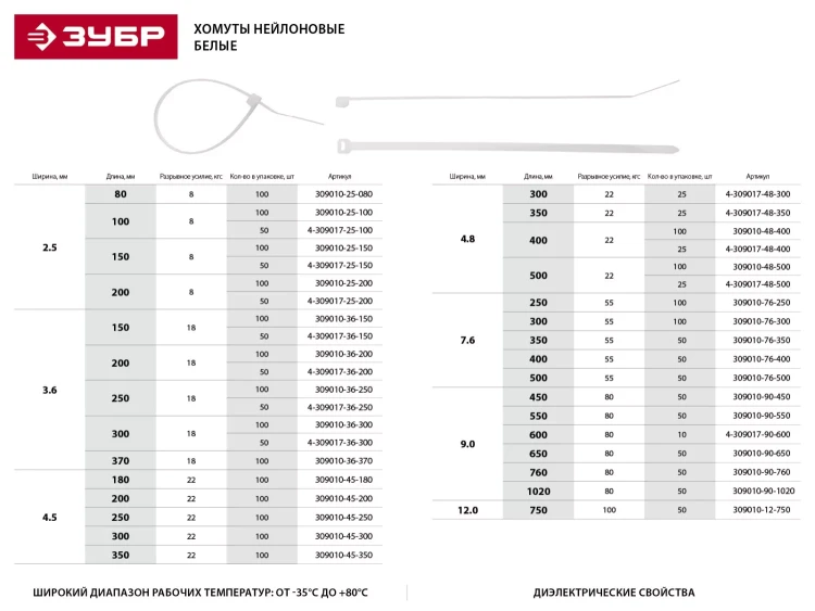 Хомуты ЗУБР нейлоновые, в п/э пакете, тип 7, белые, 4,8ммх350мм, 25шт 4-309017-48-350 купить в Ноябрьске
