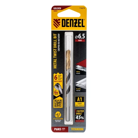 Сверло спиральное по металлу Denzel 6,5 x 93мм, Р6М5, Golden Tip, многогранная заточка, 718279 купить в Ноябрьске
