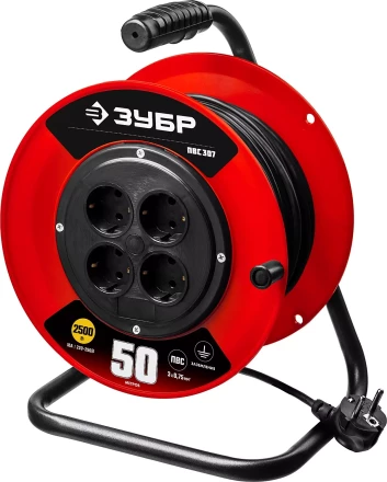 Удлинитель на катушке &quot;ПВС 307&quot;, 50 м, 2500 Вт, 4 гнезда, ПВС 3х0,75 кв мм, ЗУБР 55083-50 купить в Ноябрьске