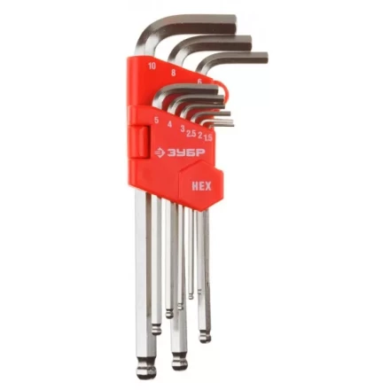 Набор ЗУБР Ключи &quot;МАСТЕР&quot; имбусовые длинные с шариком, Cr-V, сатинир. покрытие, пластик. держатель, HEX 1,5-10мм, 9 пред 27461-2_z02 купить в Ноябрьске