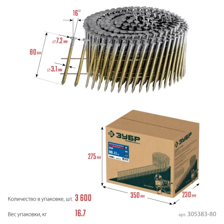 ЗУБР CNW 80 х 3.1 мм, барабанные гвозди рифленые оцинкованные, 3600 шт (305383-80) купить в Ноябрьске